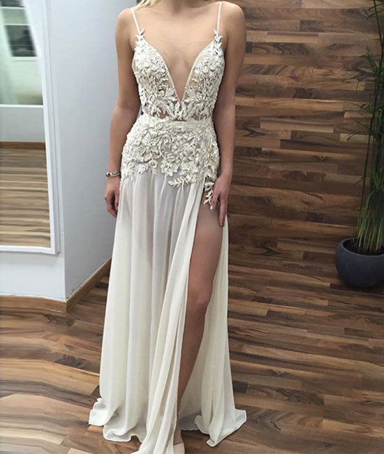 White v neck lace long prom dress, lace evening dress - shdress
