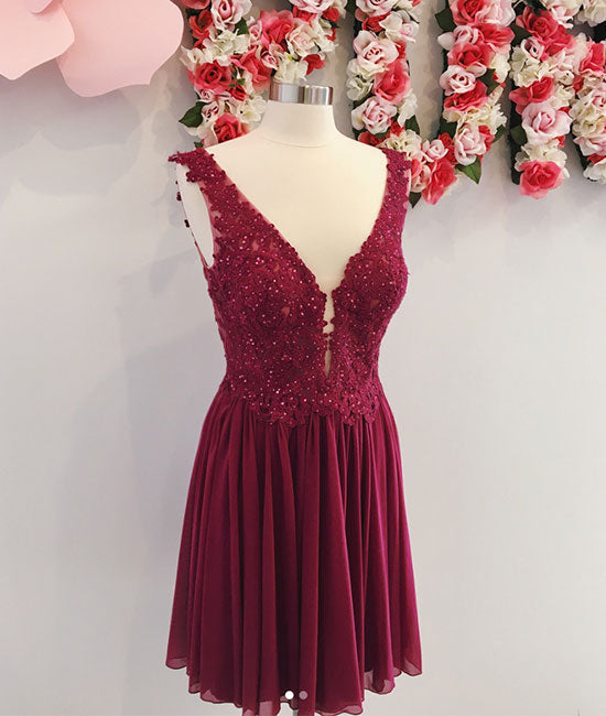 Burgundy v neck chiffon lace short prom dress, homecoming dress - shdress
