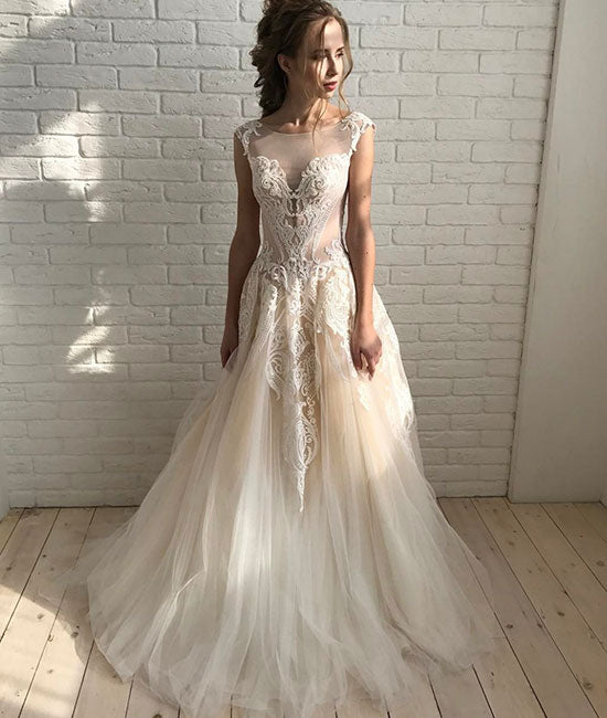Champagne round neck tulle lace long prom dress, champagne evening dress - shdress