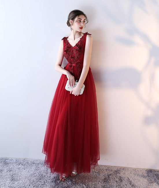 Burgundy v neck tulle lace applique long prom dress, burgundy evening – shdress