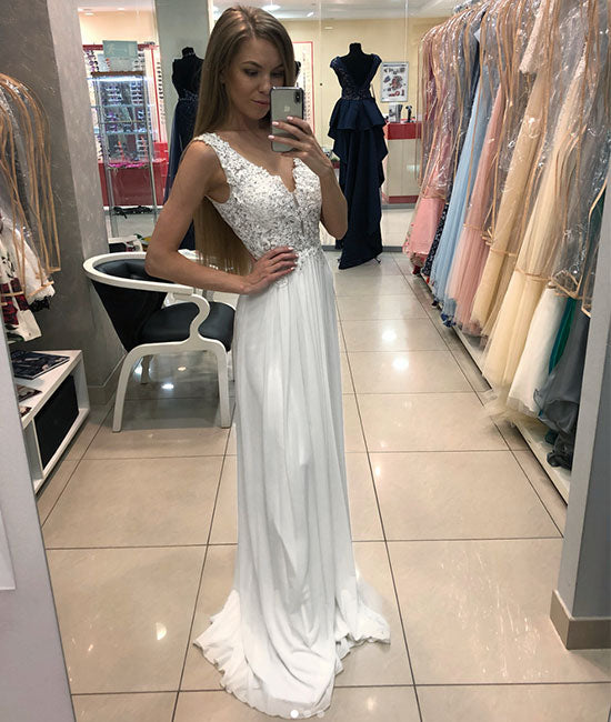 White v neck chiffon lace long prom dress, lace evening dress - shdress