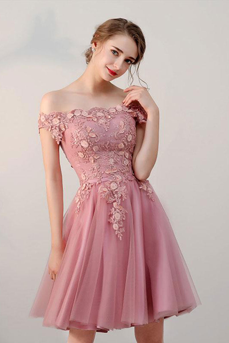 Pink tulle lace short prom dress, pink tulle lace evening dress – shdress