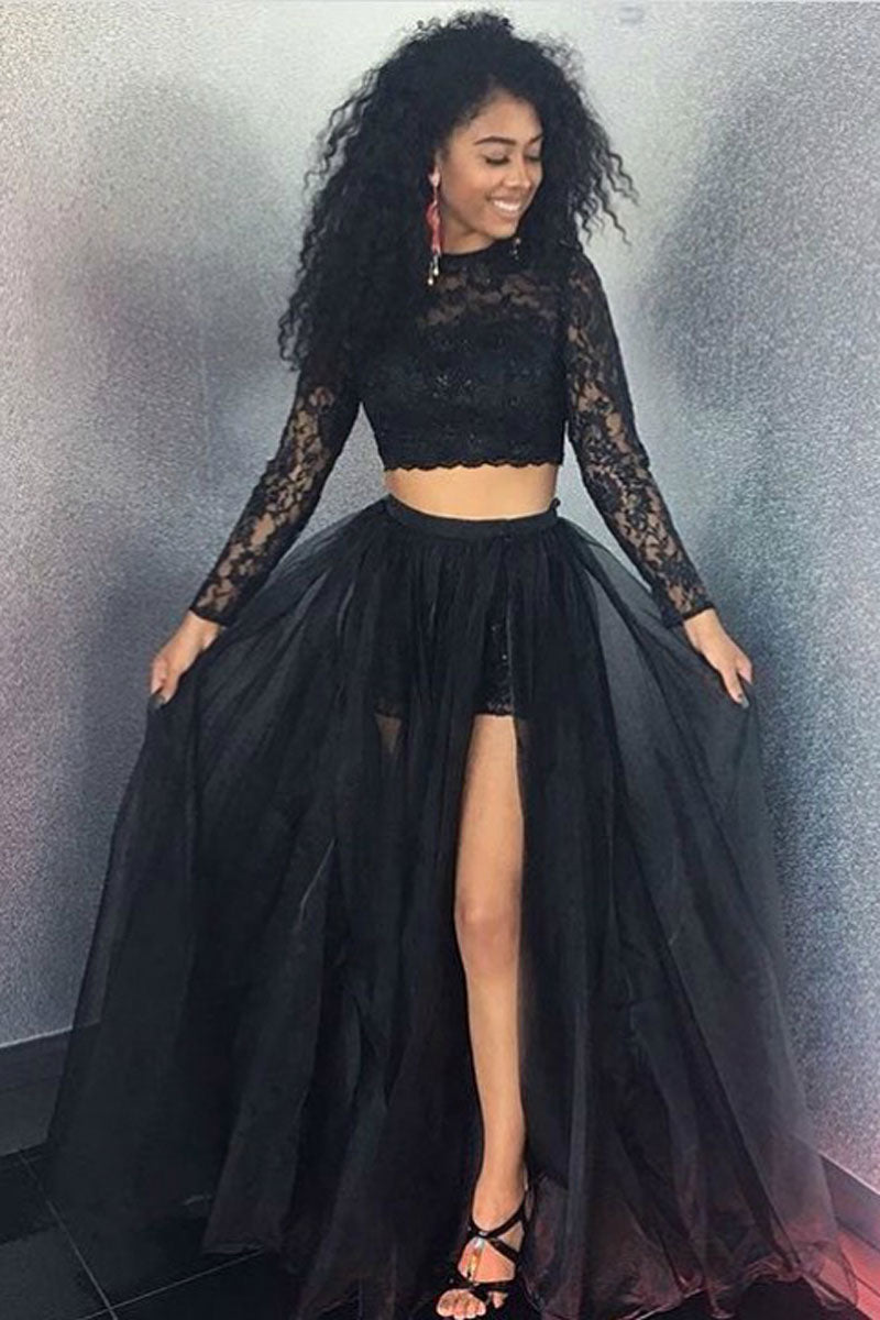 Black lace two pieces tulle long prom dress, black evening dress