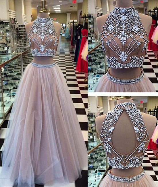 Champagne Tulle beaded 2 Pieces Long Prom Dresses, Formal Dresses - shdress