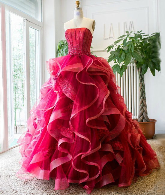 Unique tulle lace burgundy long prom dress, burgundy evening dress - shdress