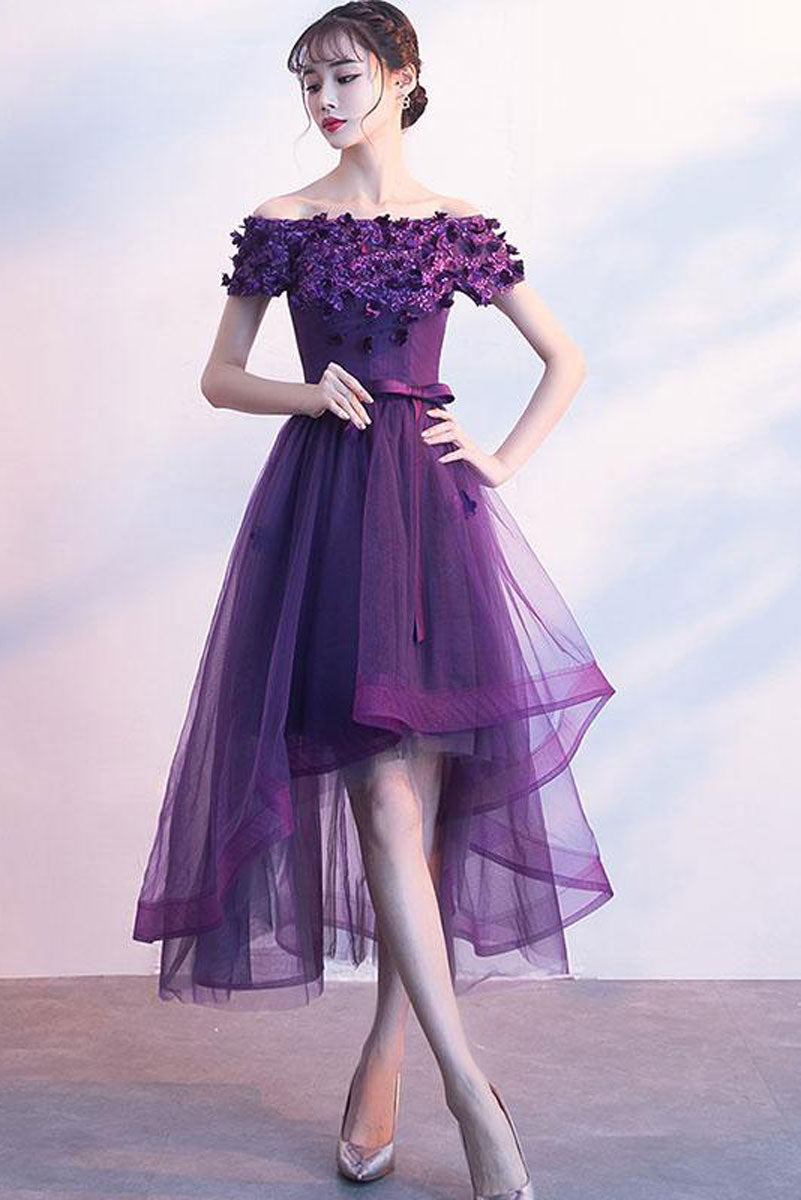 Purple tulle lace short prom dress, purple evening dress