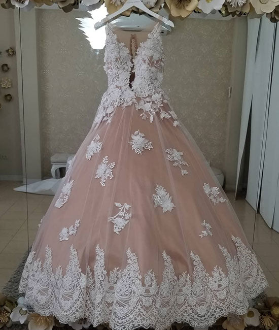 Unique tulle lace applique pink long prom dress, sweet 16 dress - shdress