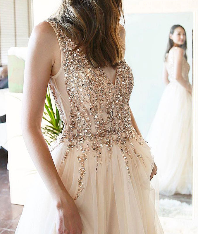 Champagne v neck tulle sequin long prom dress, champagne evening dress - shdress
