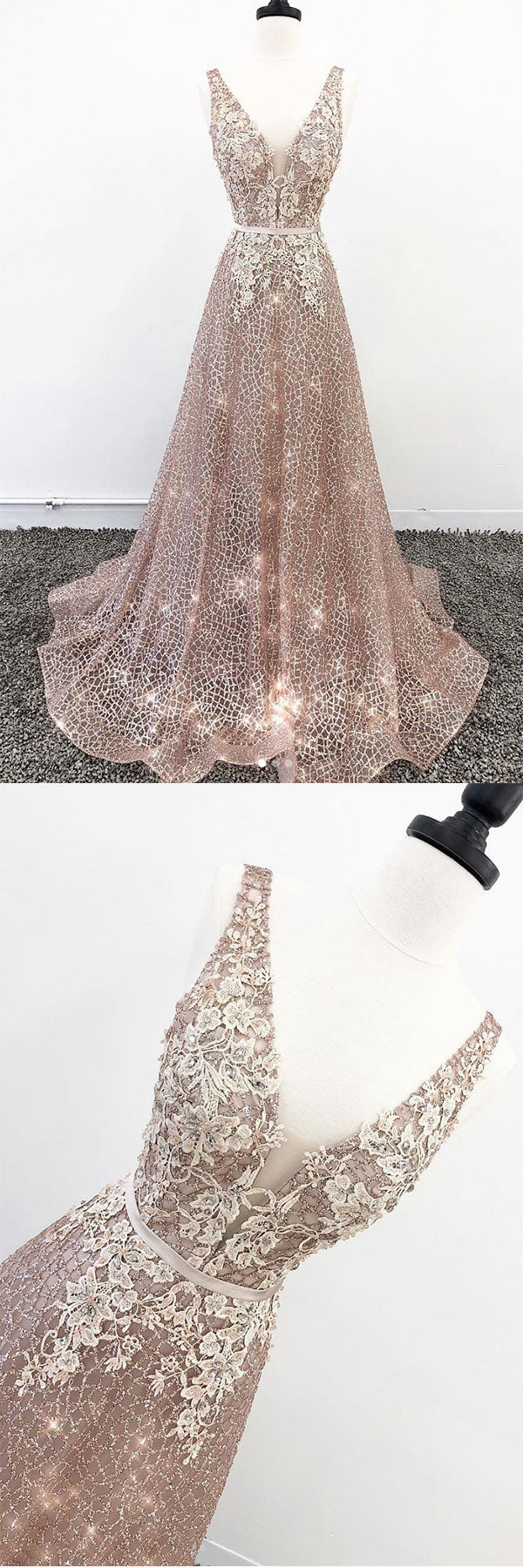 
                  
                    Unique v neck tulle lace long prom dress, champagne tulle evening dress
                  
                
