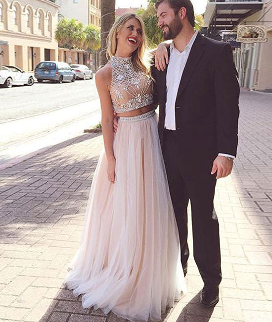 Unique tulle champagne long prom dress, formal dress - shdress
