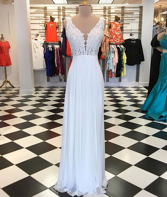 White A-line chiffon lace long prom dress, white bridesmaid dress - shdress