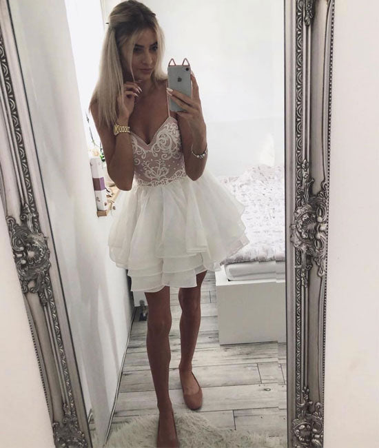 
                  
                    White sweetheart neck lace short prom dress, white homecoming dress - shdress
                  
                