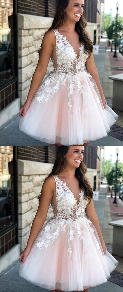 
                  
                    Pink v neck tulle lace applique short prom dress, pink homecoming dress - shdress
                  
                