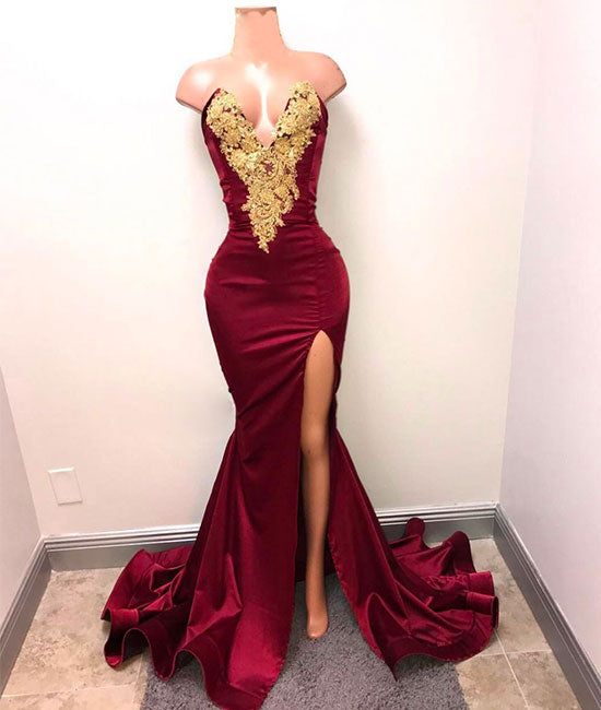 Burgundy v neck lace applique long prom dress, burgundy evening dress - shdress