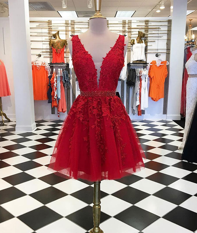 Burgundy v neck lace tulle short prom dress, burgundy lace homecoming shdress Burgundy v neck lace tulle short prom dress, burgundy lace homecoming shdress