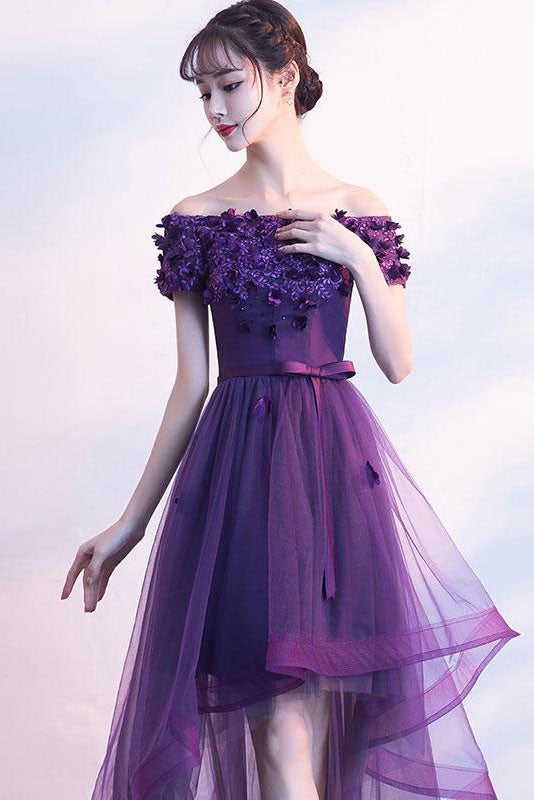 Purple tulle lace short prom dress, purple evening dress – shdress
