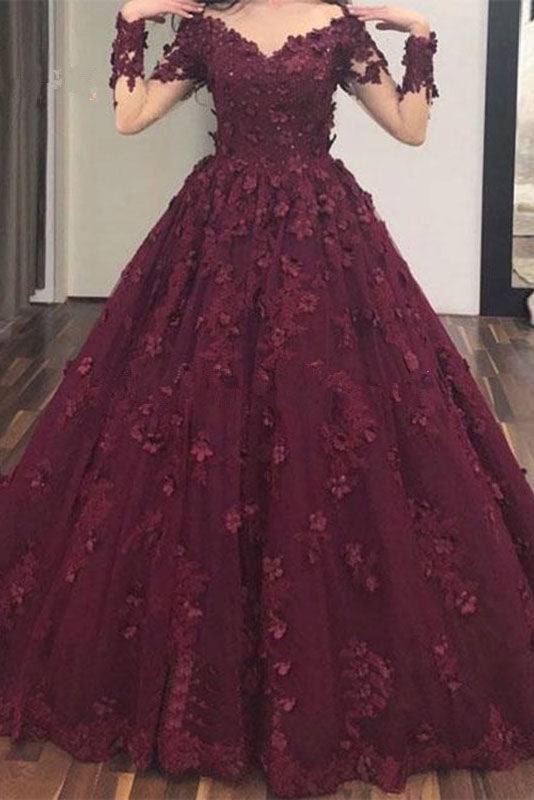 Burgundy v neck tulle lace long prom dress, burgundy lace evening dress