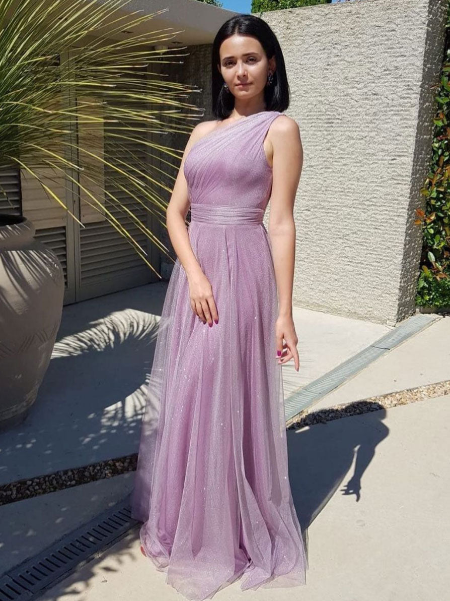 Simple purple tulle one shoulder long prom dress, purple evening dress Simple purple tulle one shoulder long prom dress, purple evening dress