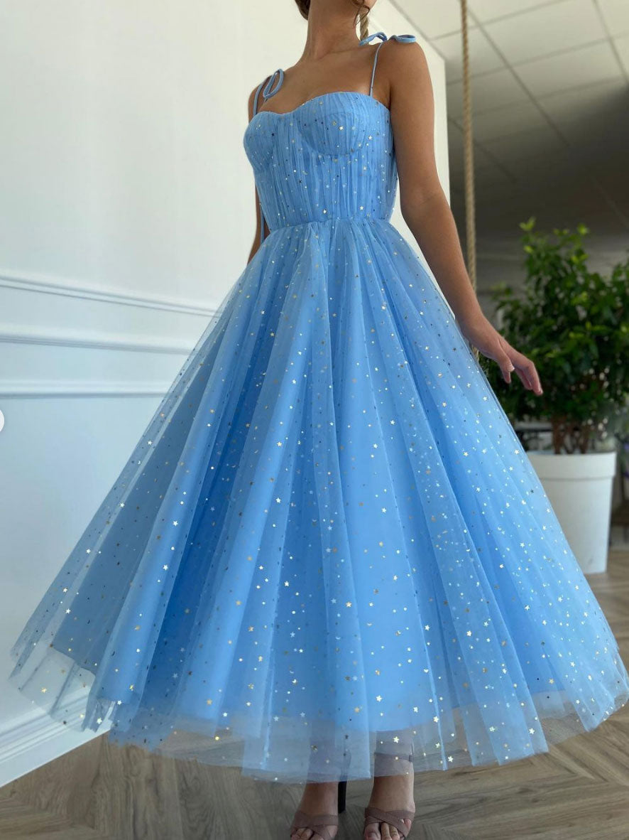 Blue tulle tea length prom dress, blue tulle formal dress – shdress
