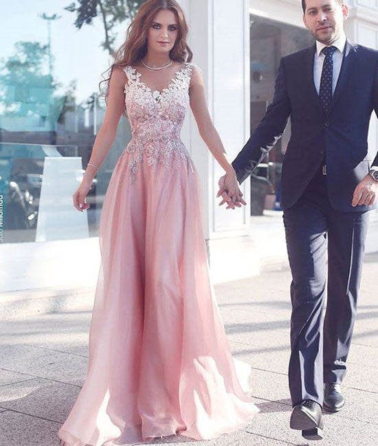 Pink round neck lace long prom dress, pink bridesmaid dresses - shdress