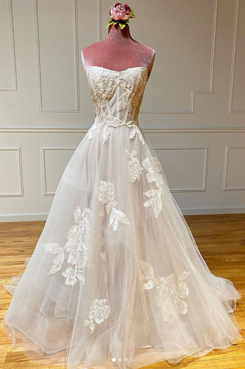 Light champagne tulle lace long prom dress tulle lace formal dress – shdress