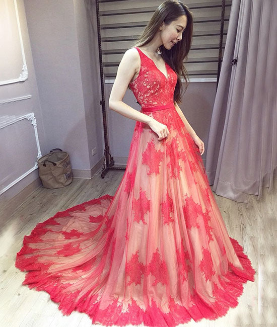 Red v neck lace long prom dress, red lace evening dress - shdress