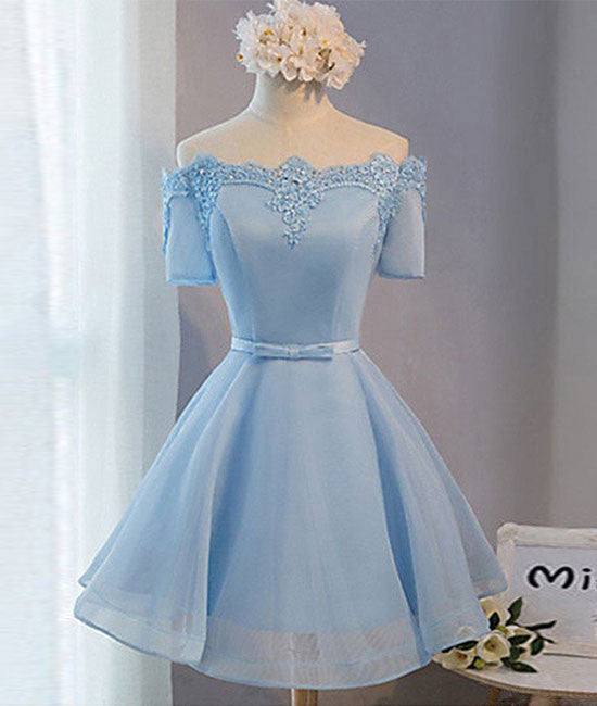 Simple blue lace short prom dress, bridesmaid dress - shdress