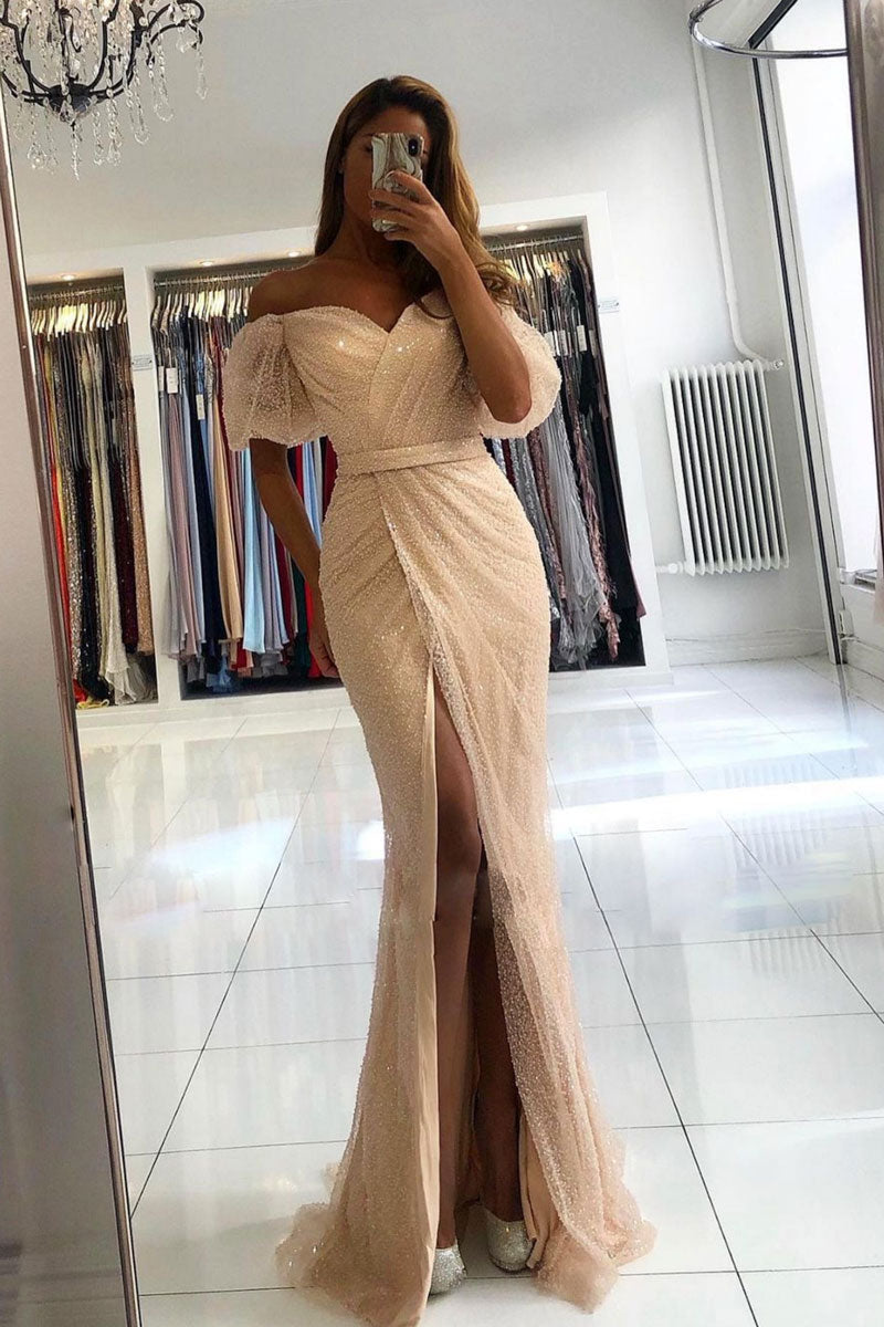Champagne off shoulder tulle mermaid long prom dress tulle evening dress Champagne off shoulder tulle mermaid long prom dress tulle evening dress