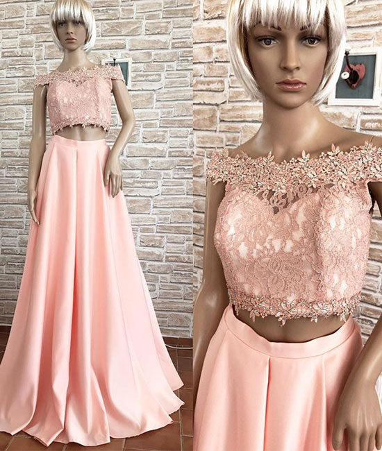 Pink off shoulder lace two pieces long prom dress, pink lace evening dress - shdress
