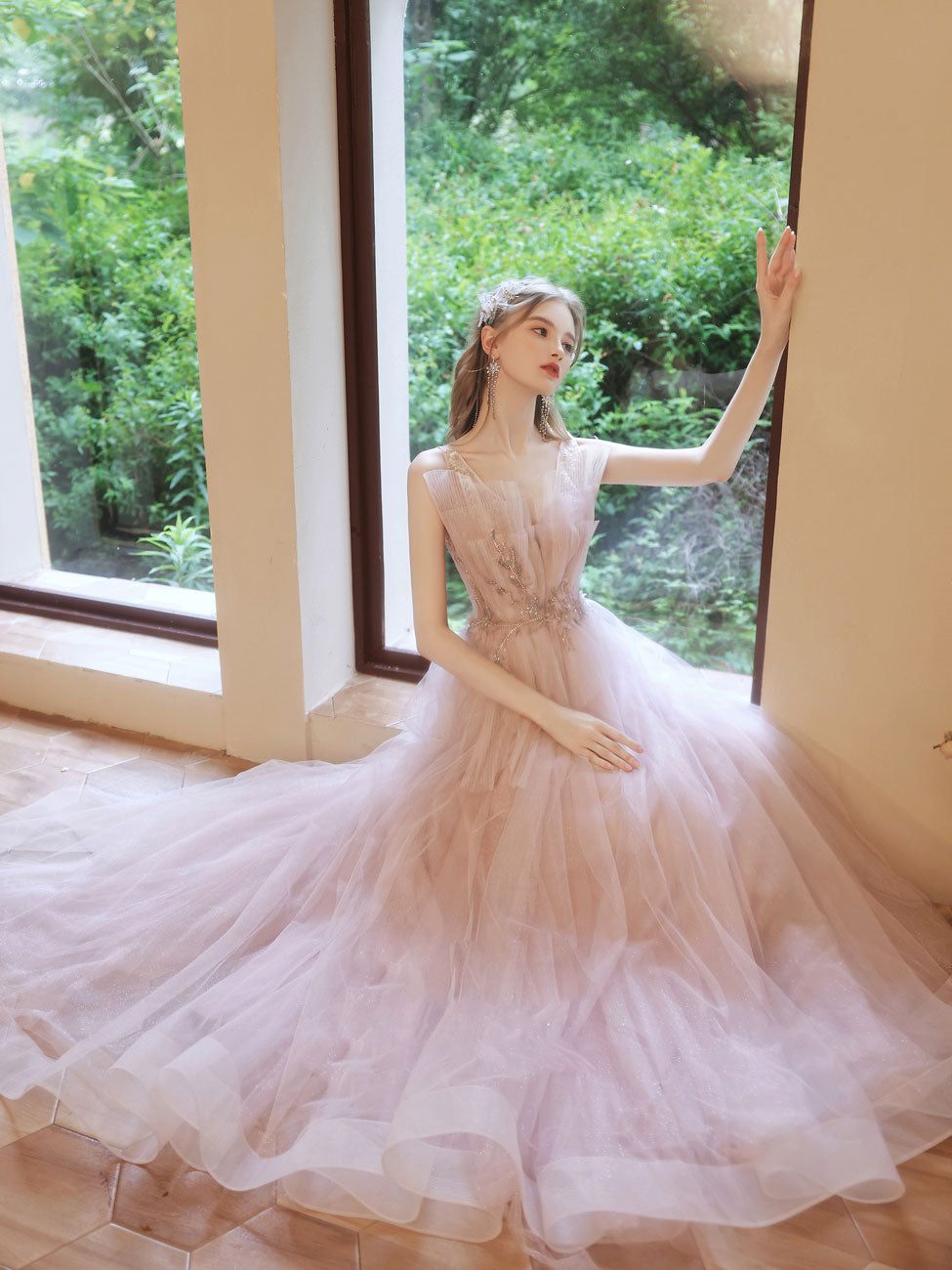 Pink tulle beads long prom dress, pink sweet 16 dress – shdress