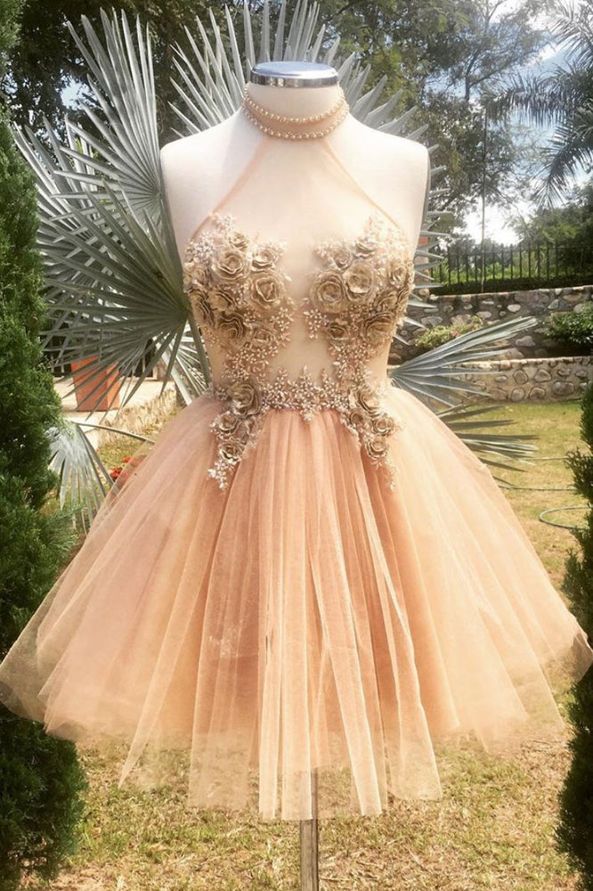 Champagne high neck tulle lace short prom dress tulle formal dress – shdress