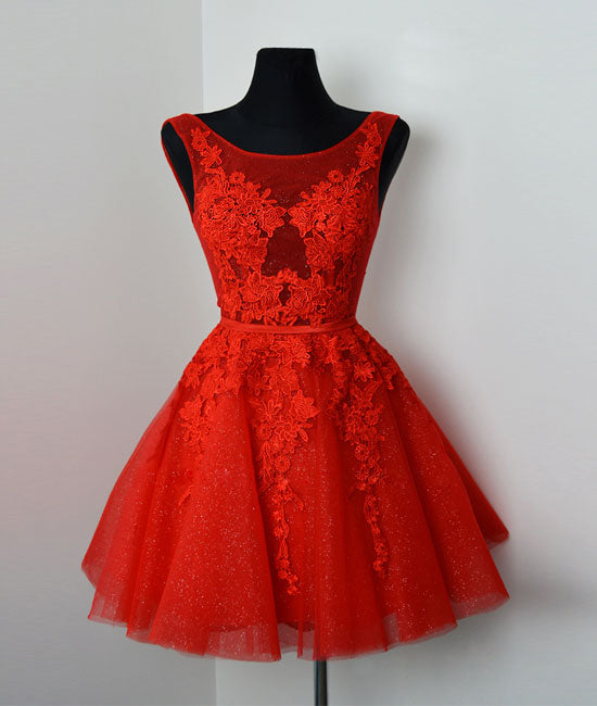 Red v neck lace tulle short prom dress, red homecoming dress - shdress