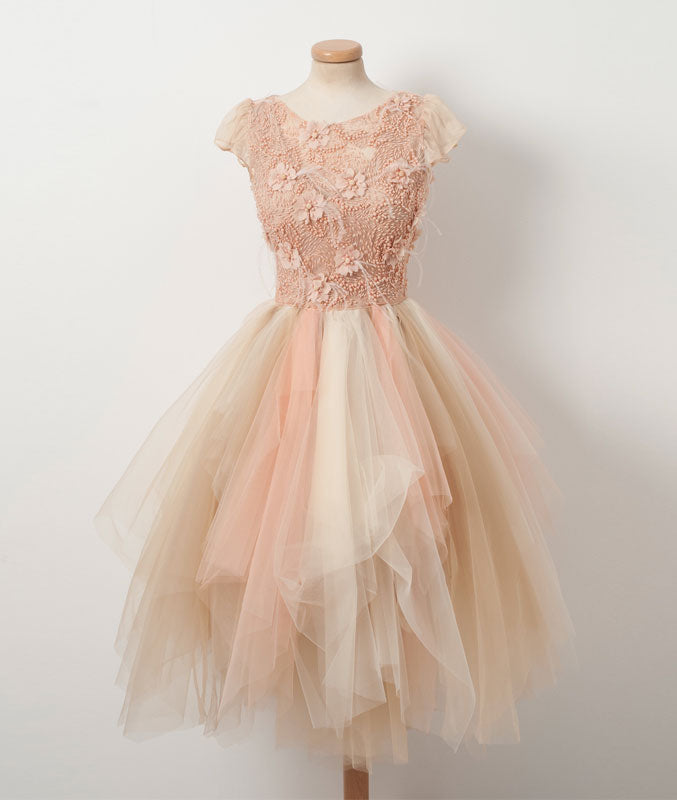 Champagne round neck tulle beads short prom dress, homecoming dress - shdress