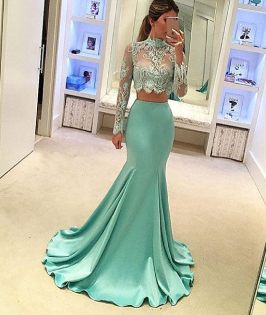 Green Mermaid style two pieces lace long prom dress, evening dress - shdress