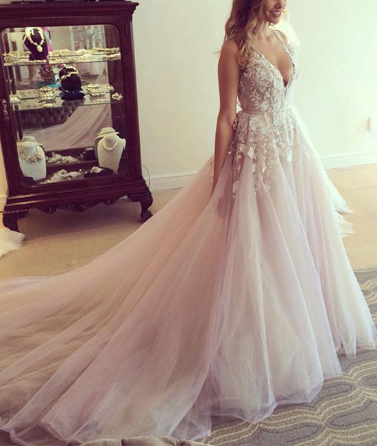 Unique v neck lace tulle long prom dress, evening dress - shdress