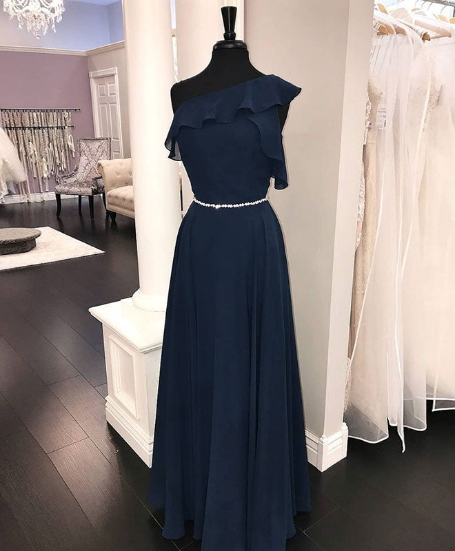 Simple chiffon dark blue long prom dress, bridesmaid dress - shdress