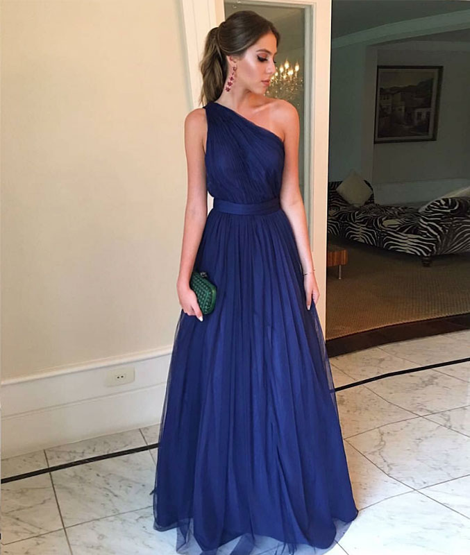 Simple blue one shoulder tulle long prom dress, blue tulle bridesmaid dress - shdress