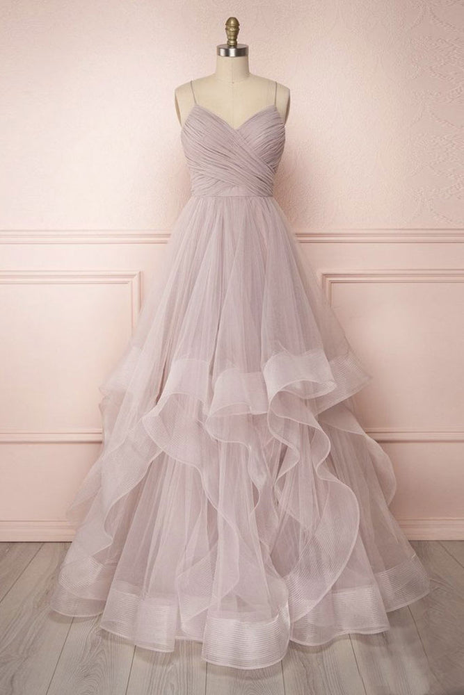 
                  
                    Simple v neck A-line tulle long prom dress sweet 16 dress
                  
                