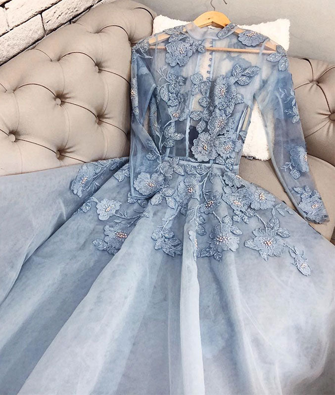 Blue tulle lace applique long prom dress, blue lace formal dress - shdress