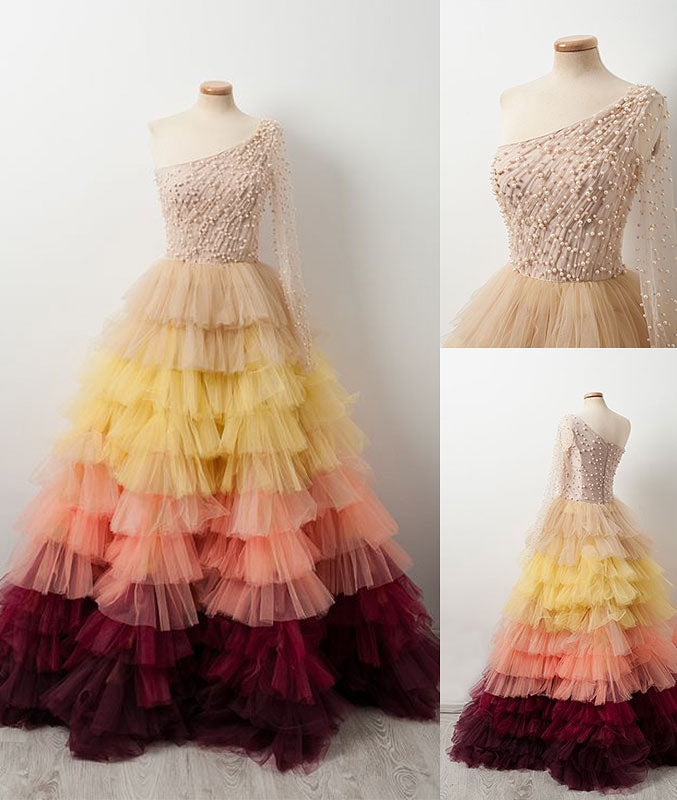 Unique one shoulder tulle beads long prom dress, evening dress - shdress