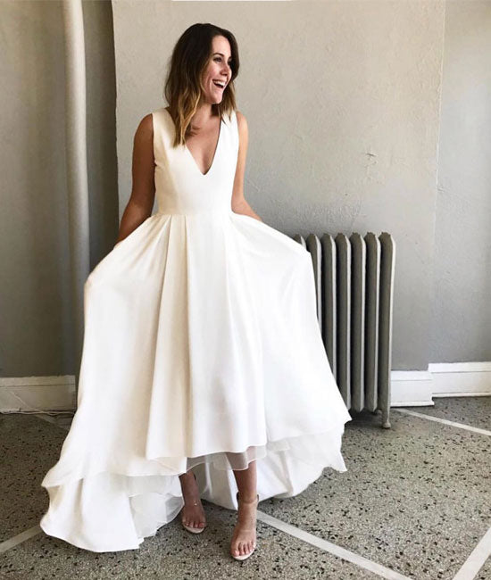 Simple white satin prom dress, white evening dress - shdress