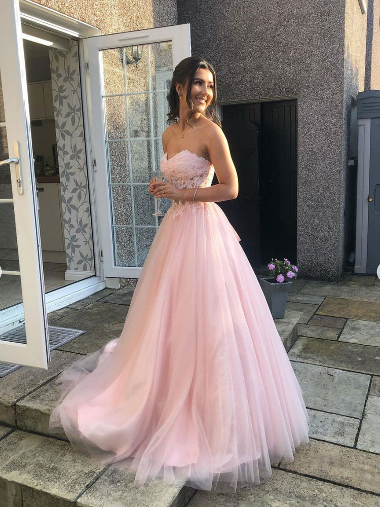 Pink sweetheart tulle lace long prom dress, pink tulle lace evening dr shdress Pink sweetheart tulle lace long prom dress, pink tulle lace evening dr shdress
