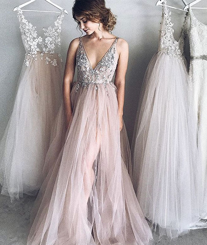 Elegant v neck champagne tulle long prom dress, evening dress - shdress