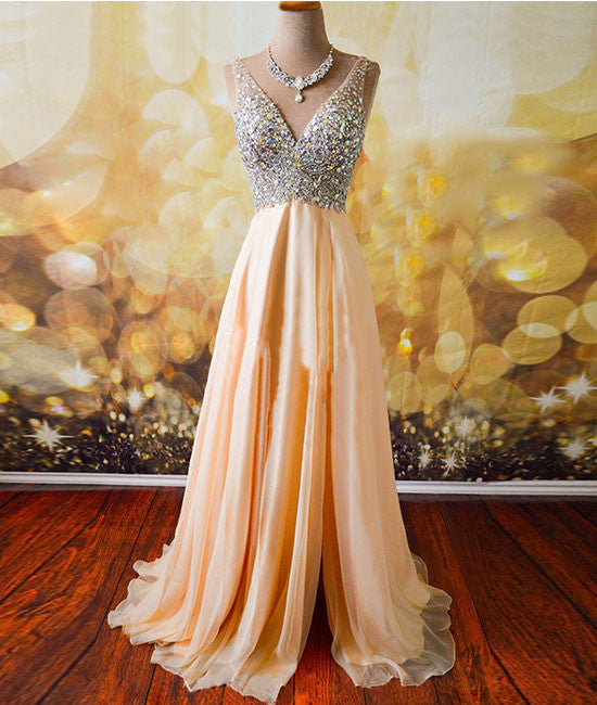 Champagne A-line  v neck Chiffon Long Prom Dress, Formal Dresses - shdress