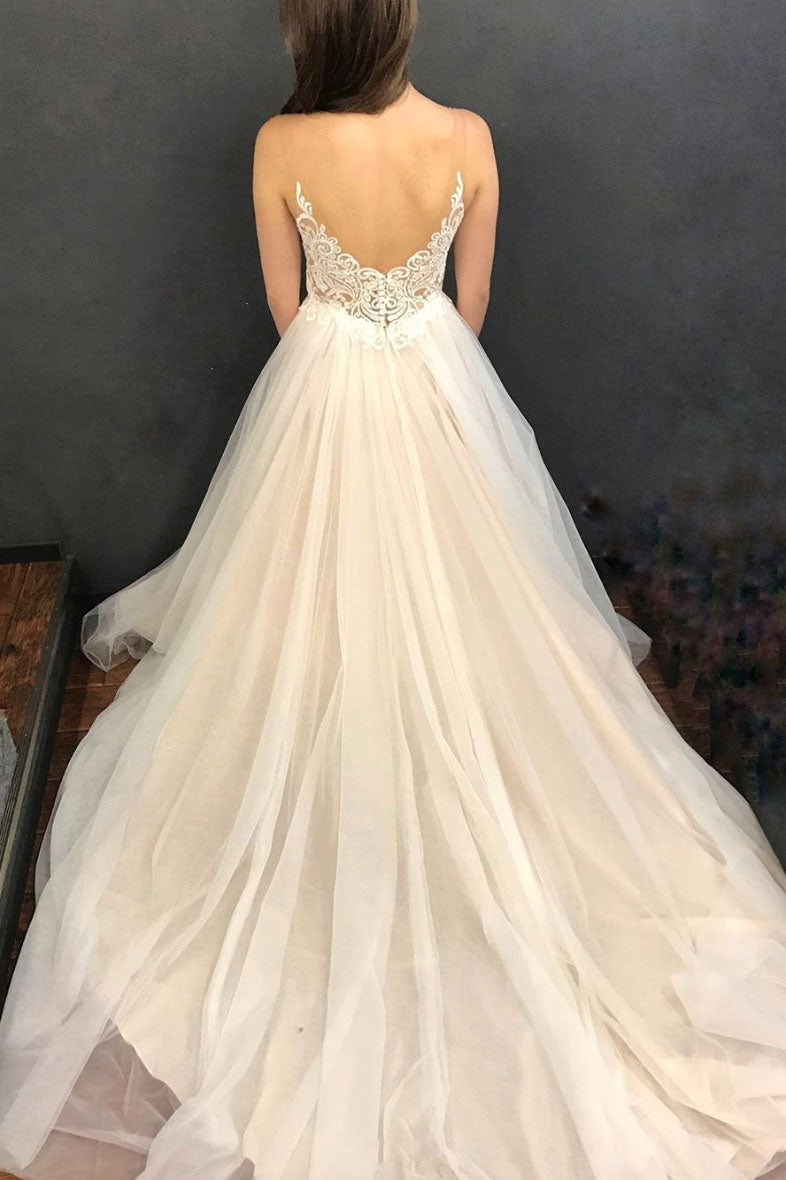 Light champagne tulle lace long prom dress, tulle formal dress