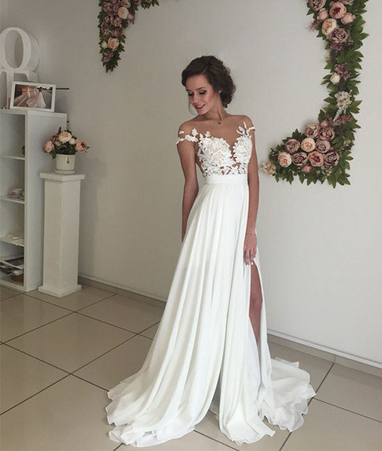 
                  
                    ivory chiffon lace round neck long prom dress, evening dress - shdress
                  
                