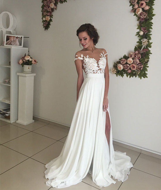 ivory chiffon lace round neck long prom dress, evening dress