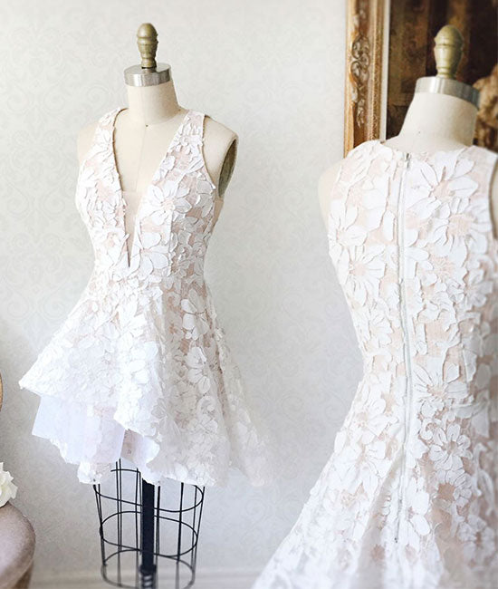 White lace short prom dress, lace homecoming dress - shdress
