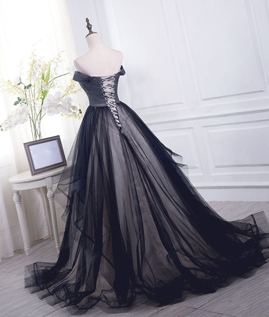 Simple black sweetheart tulle long prom dress, black evening dress - shdress