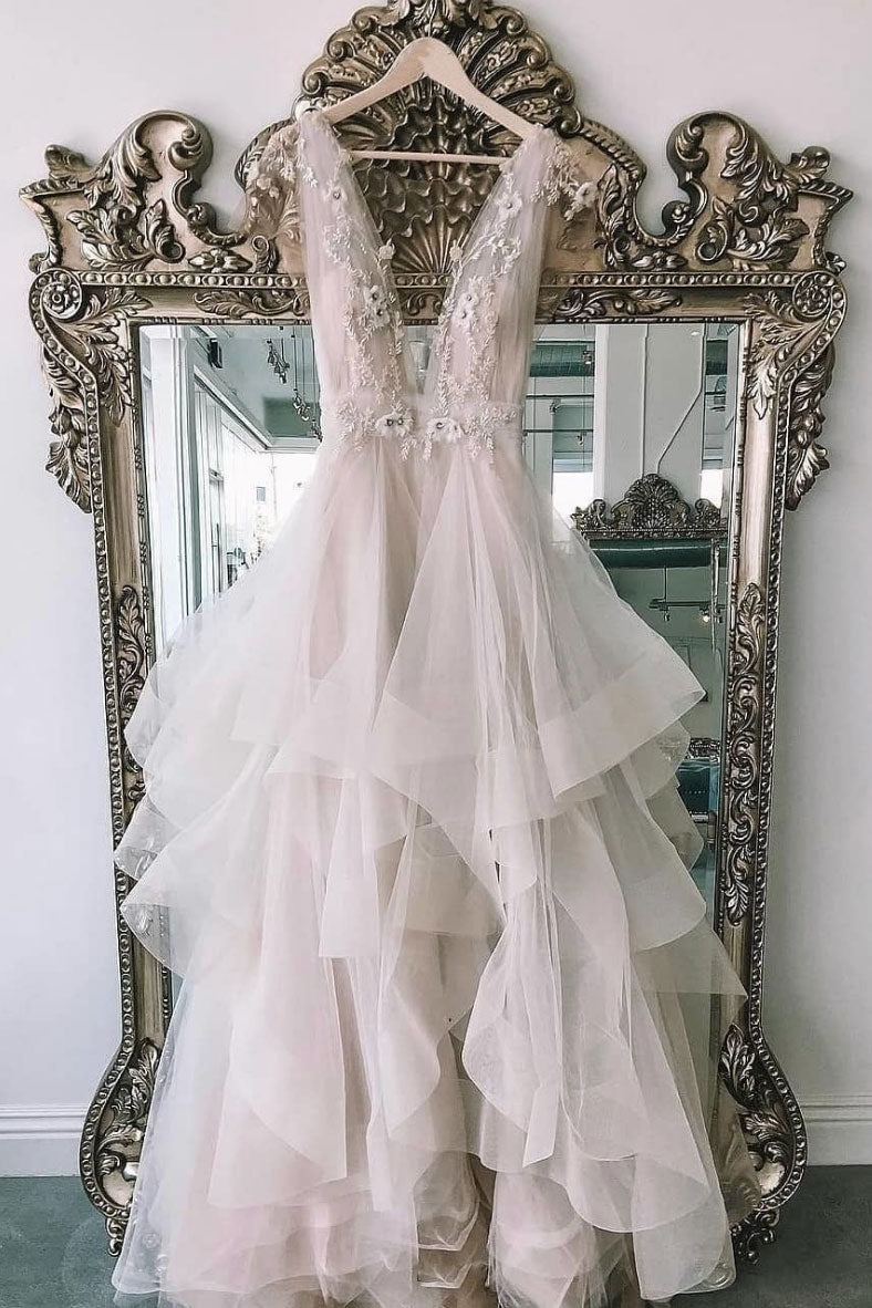 Unique v neck tulle lace long prom dress, evening dress